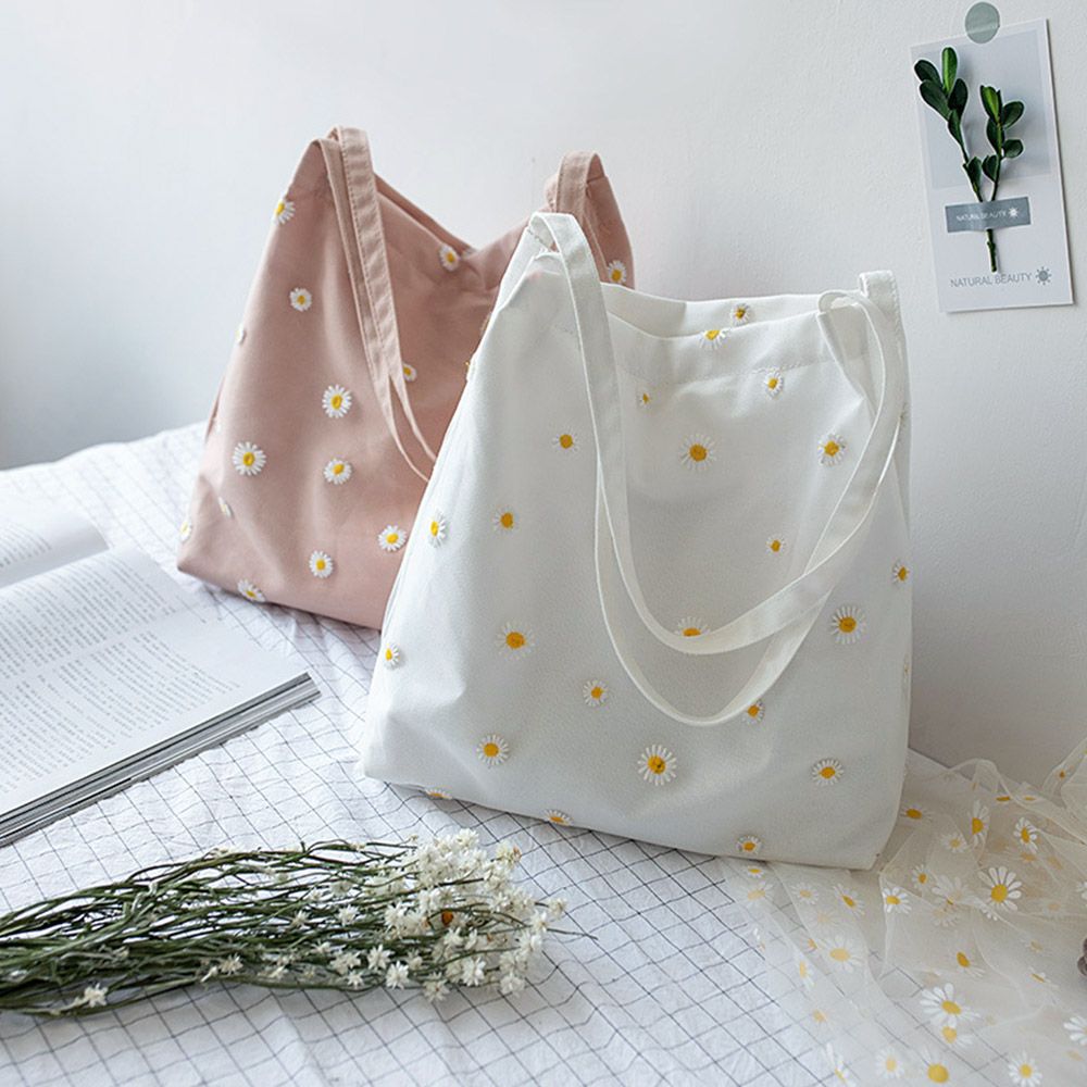 Embroidery Daisy Flower - Bolsos de lona para mujer, bolso