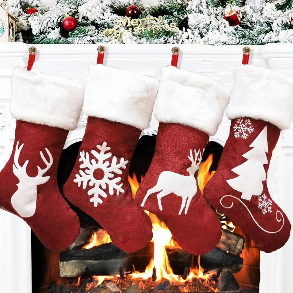 Embroidery Xmas Stocking - Calcetín Rojo de Santa Claus con